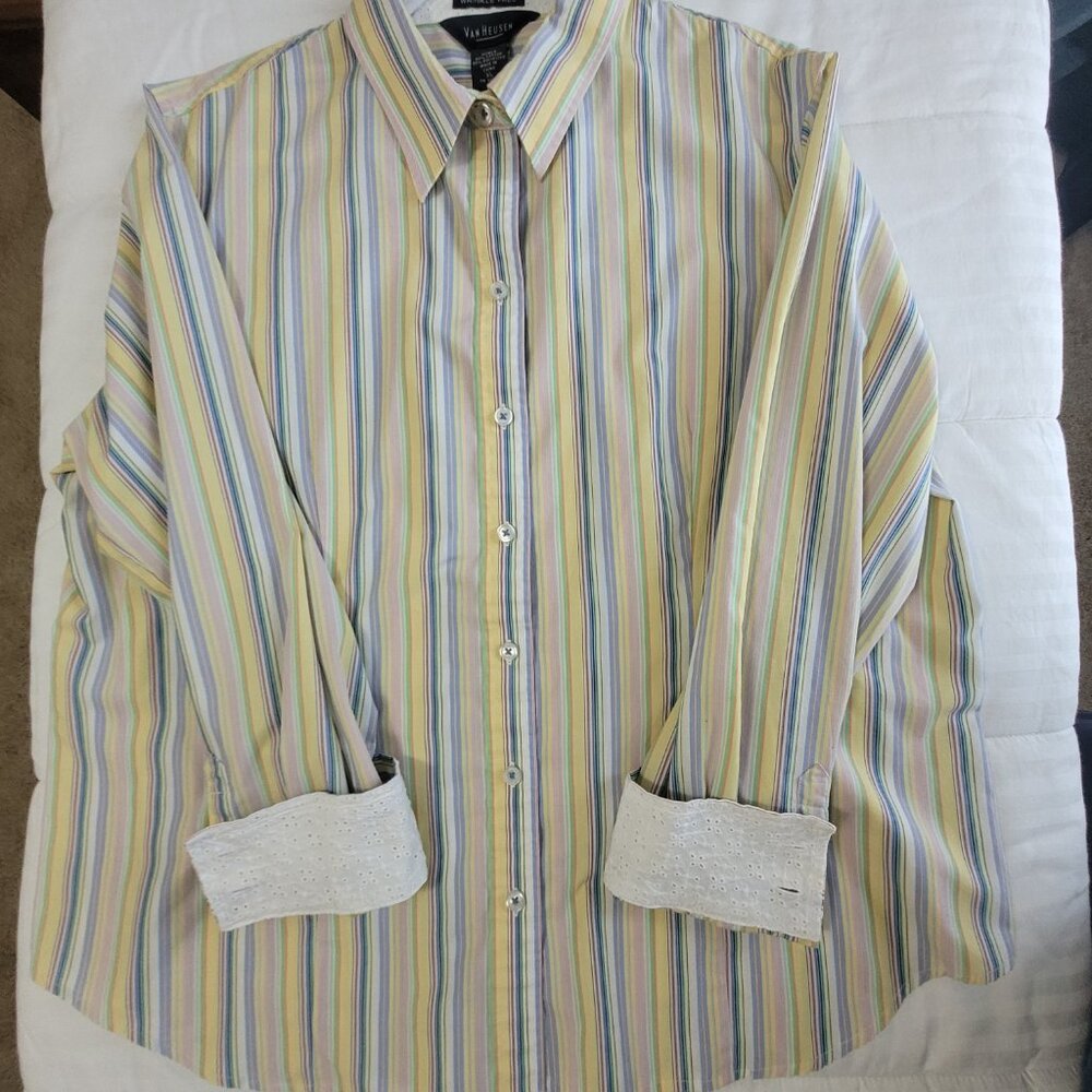 Yellow Blue Pink Striped Van Heusen Multi Color Womens Blouse Size XL